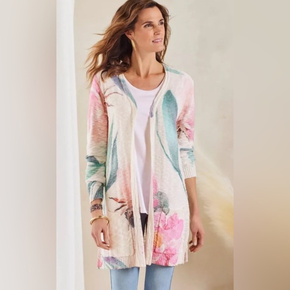 Soft Surroundings Longline Cotton Cardigan | Beachy Floral Open Layer | Size M - Picture 1 of 9